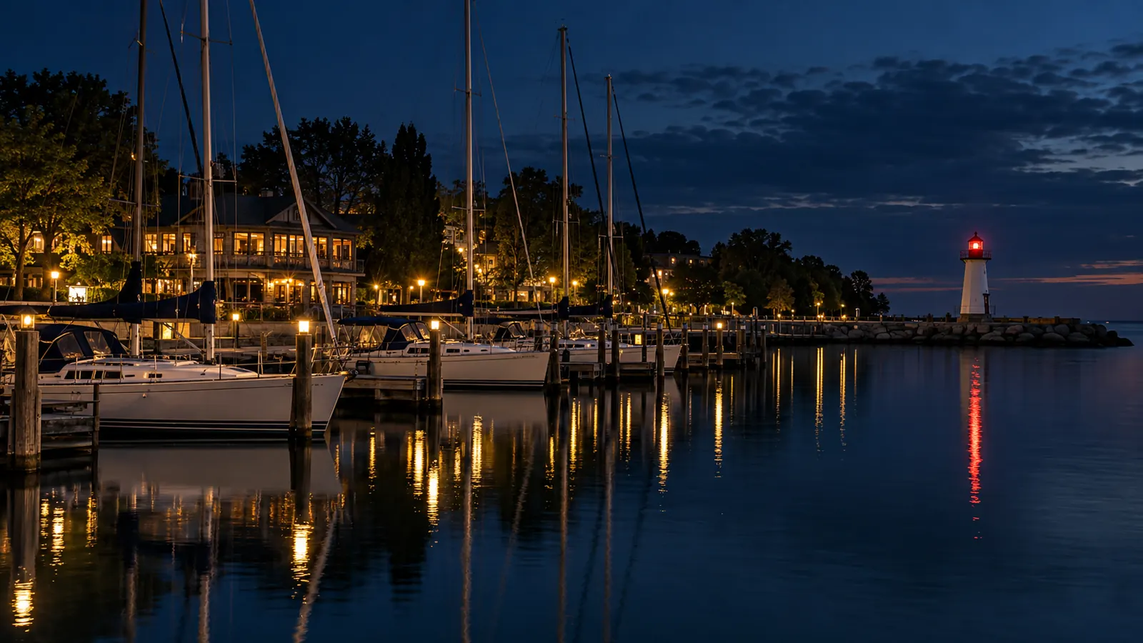 Sailboats moored at Bronte Harbour marina with a lighthouse pier in Bronte Village at dusk