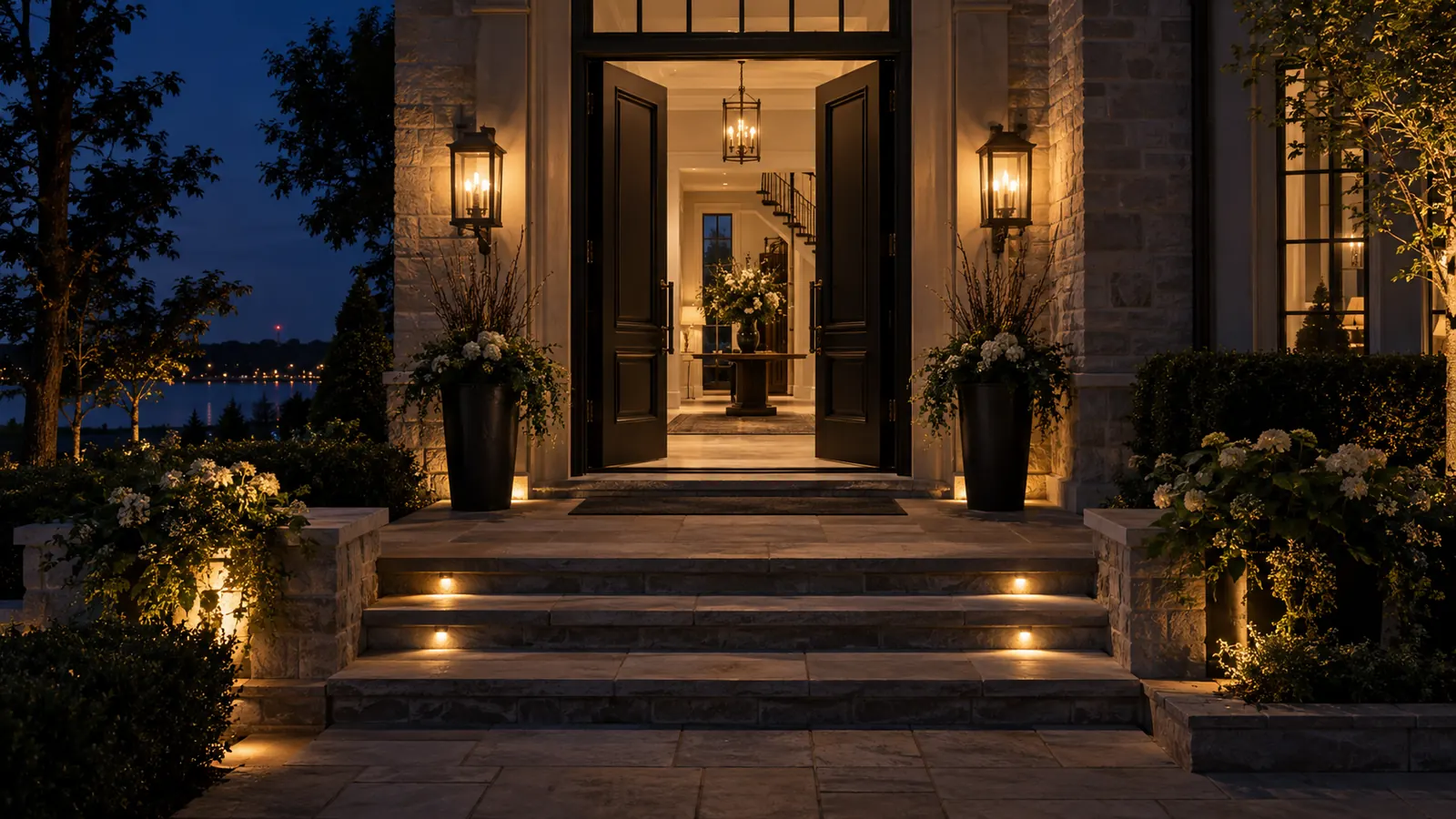 The open black front door of an Oakville home at dusk with warm light on the stone porch