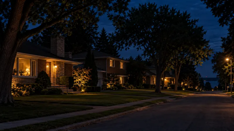 A mature suburban street of 1960s brick homes with warm porch lights in Clearview at dusk