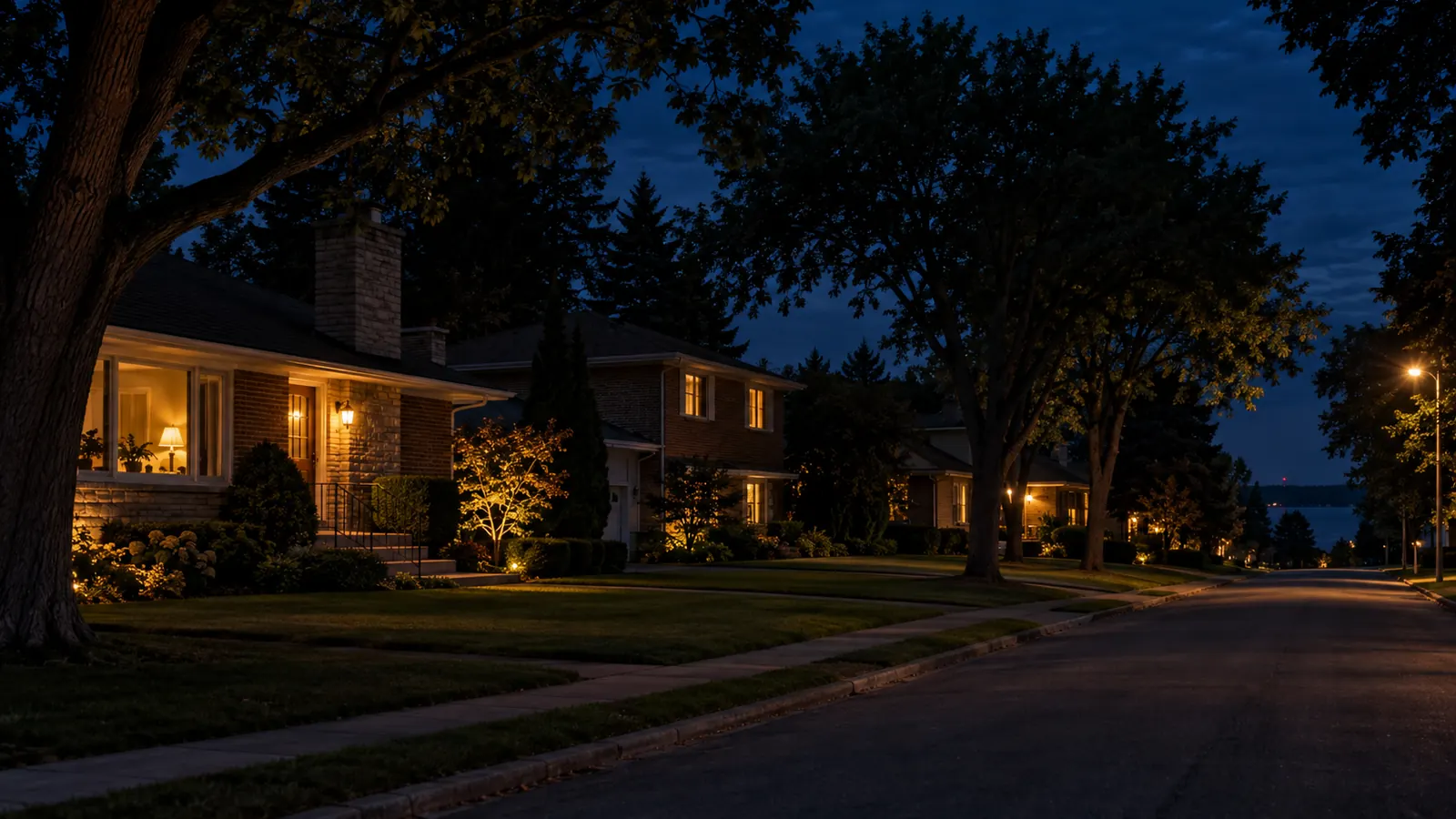 A mature suburban street of 1960s brick homes with warm porch lights in Clearview at dusk