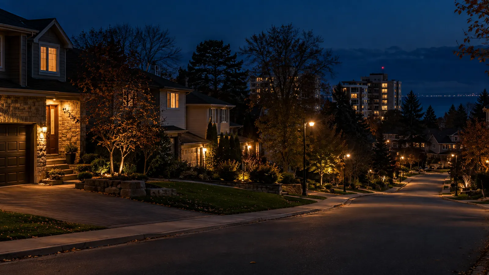 A residential street of 1970s homes and townhouses with mid-rise apartments behind trees in College Park at dusk