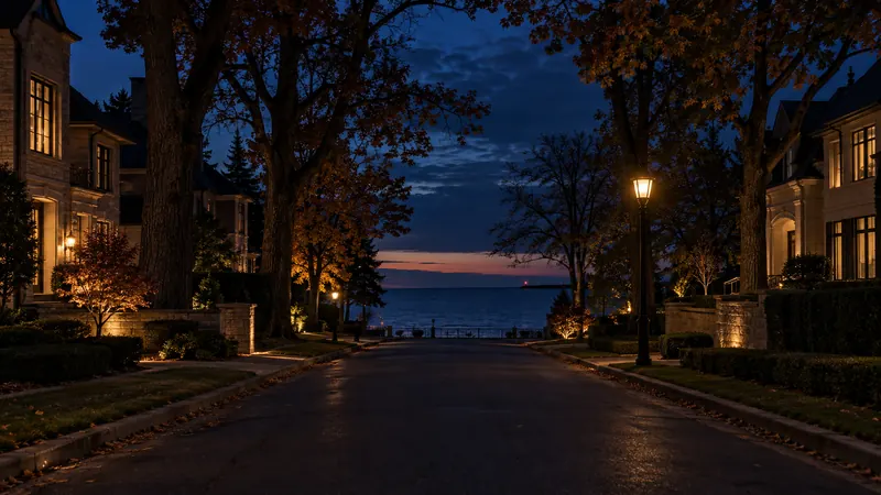 A quiet lakeside road of large homes under tall maples leading toward Lake Ontario in Eastlake at dusk