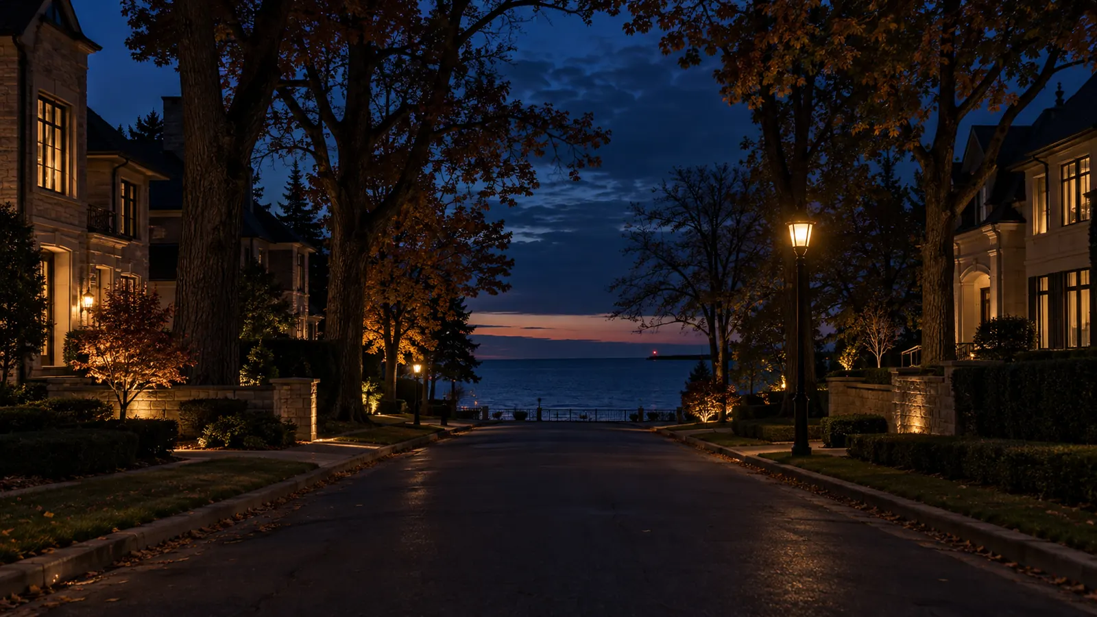 A quiet lakeside road of large homes under tall maples leading toward Lake Ontario in Eastlake at dusk