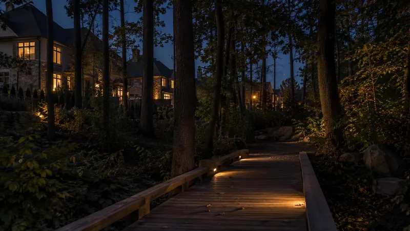 A wooded trail entrance with a boardwalk path beside a family neighbourhood in Falgarwood at dusk