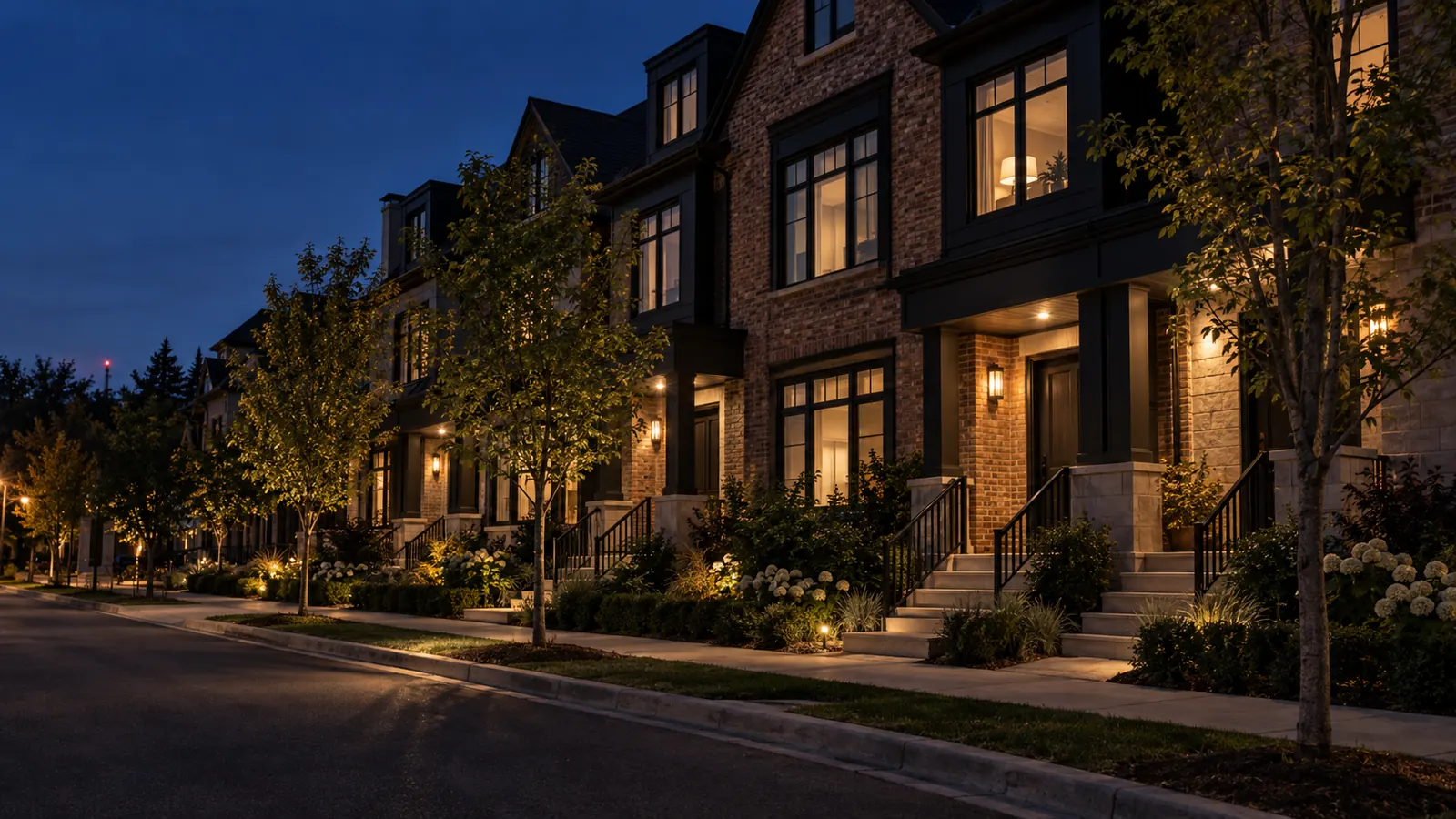 A row of new brick freehold townhomes in Oakville at dusk with porch lights on