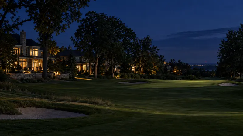 A golf course fairway edged by mature trees and large homes along the tree line in Glen Abbey at dusk