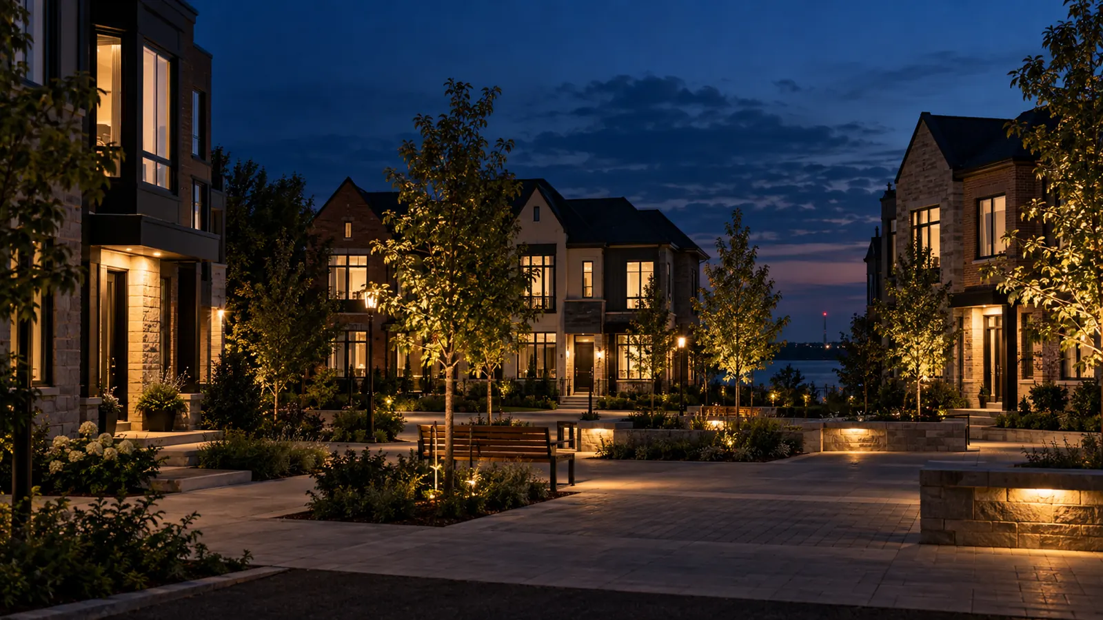 A new master-planned neighbourhood of modern townhomes facing a small village square in Glenorchy at dusk