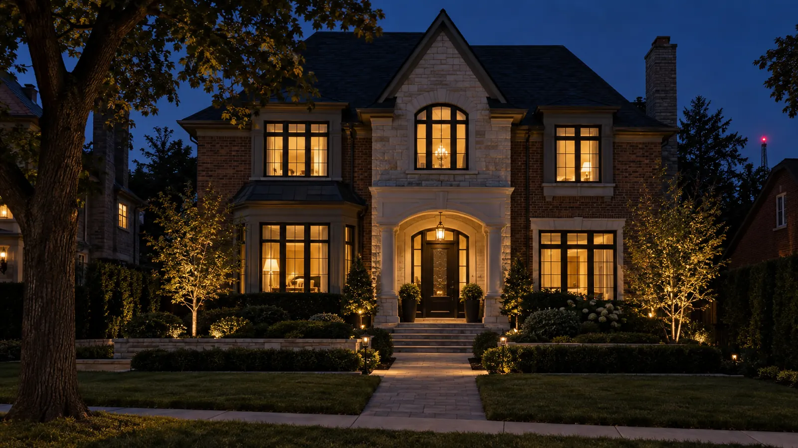Illustrative dusk view of the front of a detached brick and stone home in Oakville
