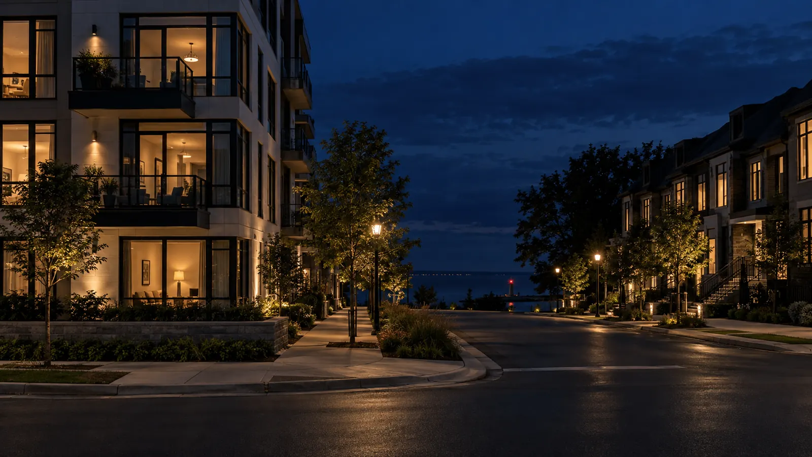 A modern low-rise condo building and townhouses in an Oakville town centre at dusk