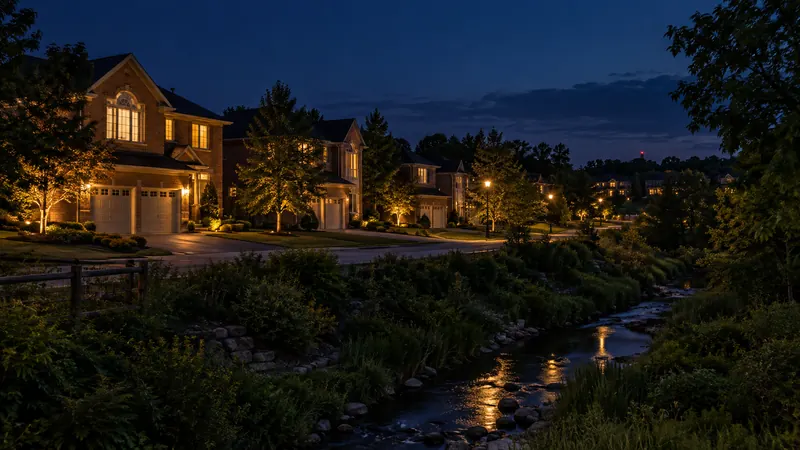 A 1990s crescent of two-storey brick homes with double garages beside a green creek corridor in Iroquois Ridge North at dusk