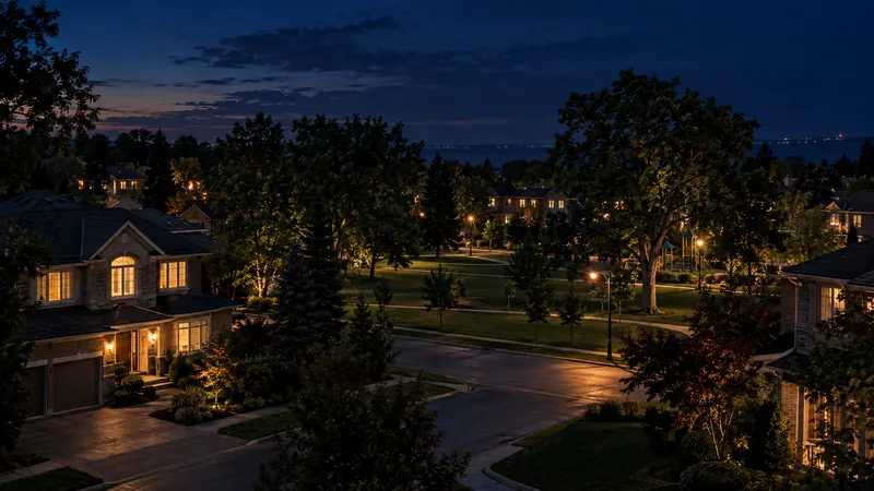 A mature 1980s neighbourhood of homes and townhomes around a large park with tall trees in Iroquois Ridge South at dusk