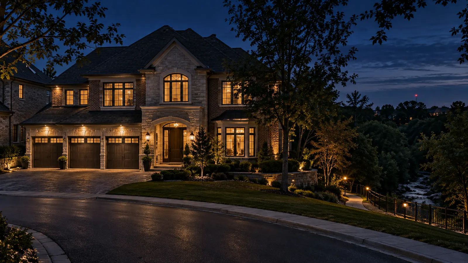 A large stone and brick family home with a three-car garage beside a creek trail in Joshua Creek at dusk