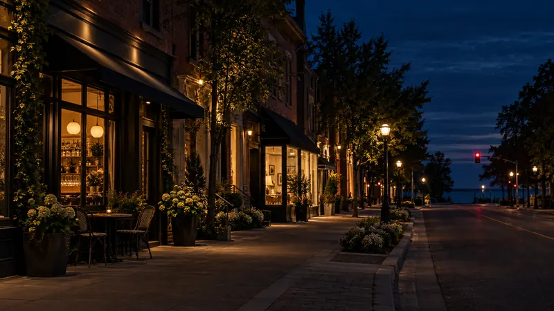 Warm-lit brick storefronts and cafe awnings along Kerr Street in Kerr Village at dusk