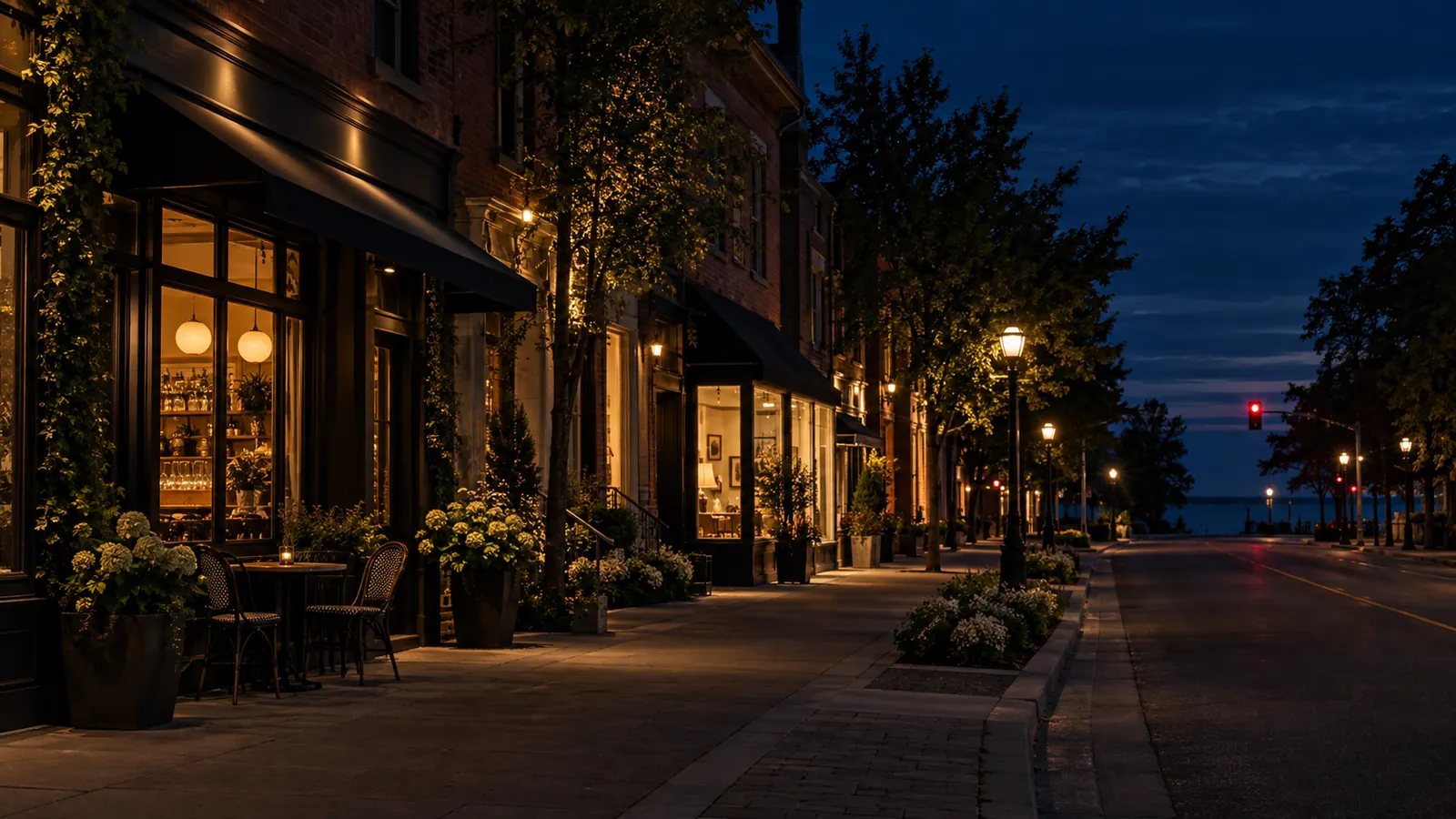 Warm-lit brick storefronts and cafe awnings along Kerr Street in Kerr Village at dusk