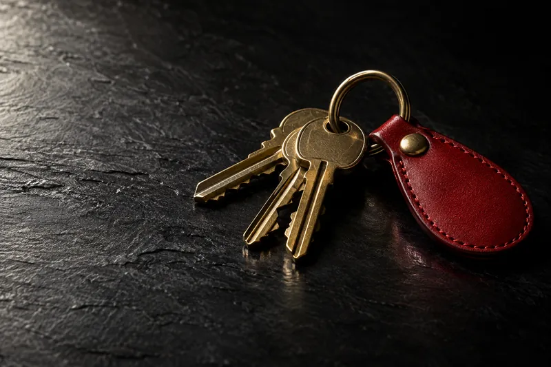 Brass house keys on a red leather tag resting on dark slate