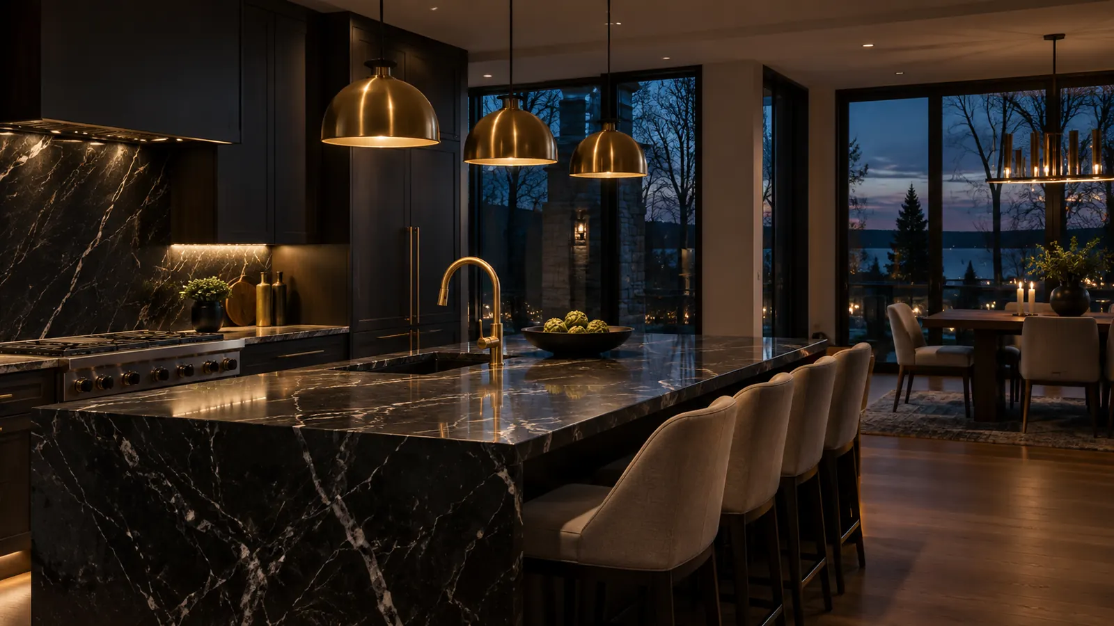 A luxury kitchen with a black marble island and brass pendants at dusk