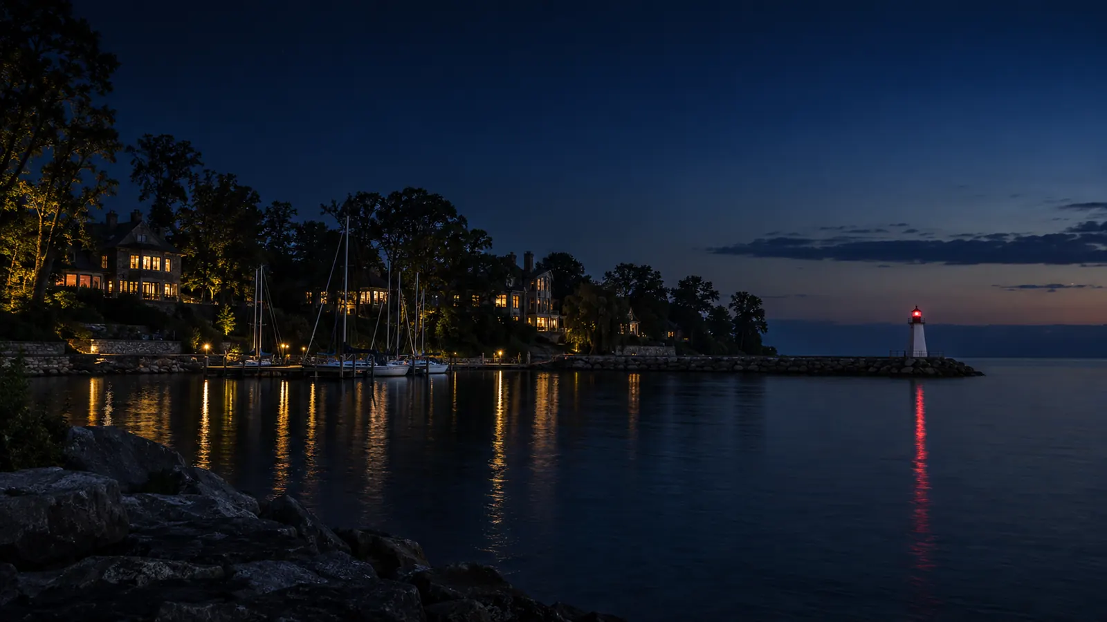 The Oakville harbour lighthouse and lakefront homes on Lake Ontario at blue hour