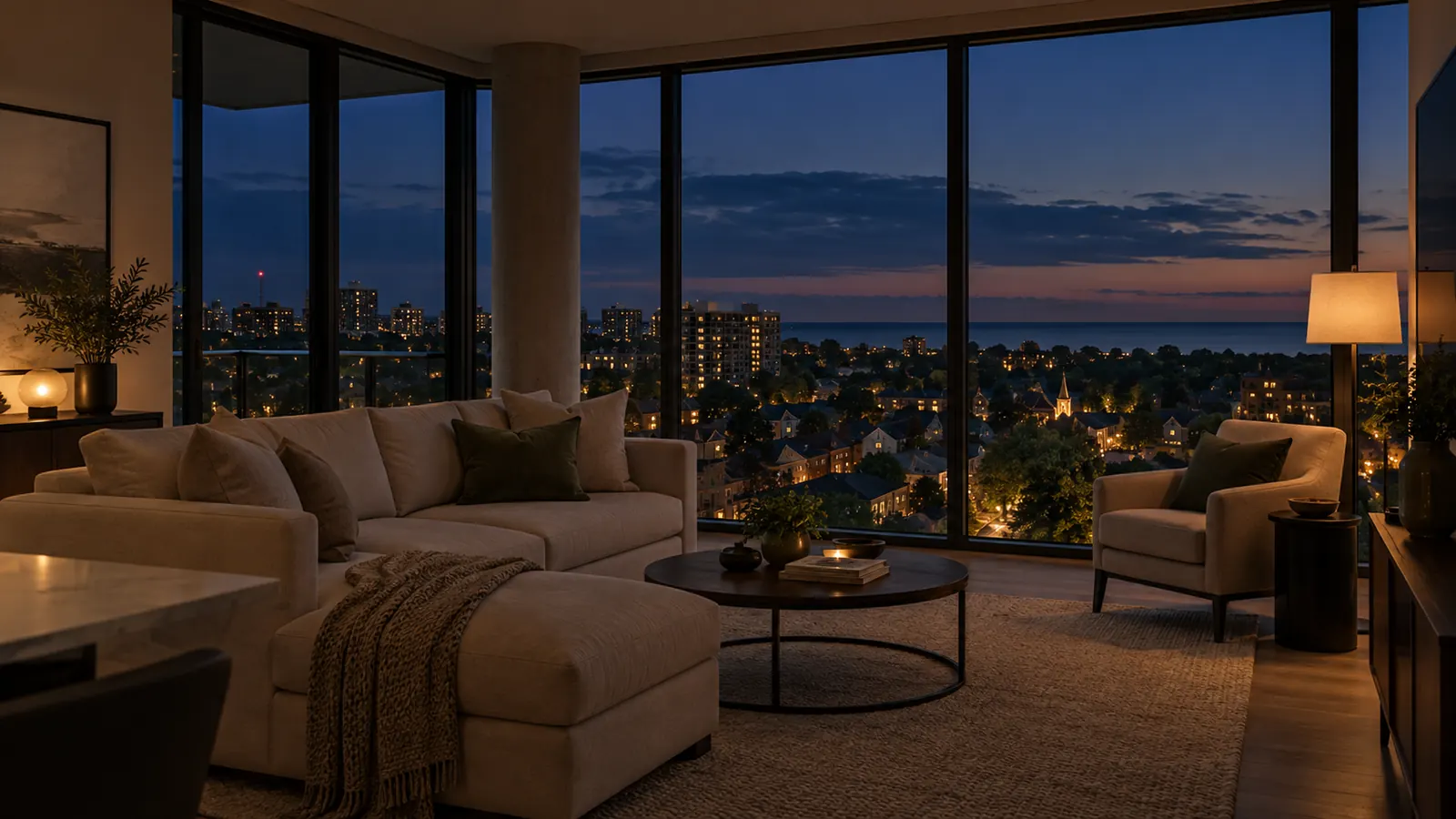 A bright rental condo living room with floor-to-ceiling windows over Oakville at dusk