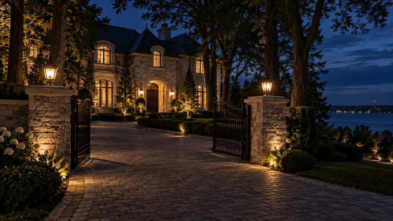 A gated stone and stucco estate home among tall trees in Morrison at dusk