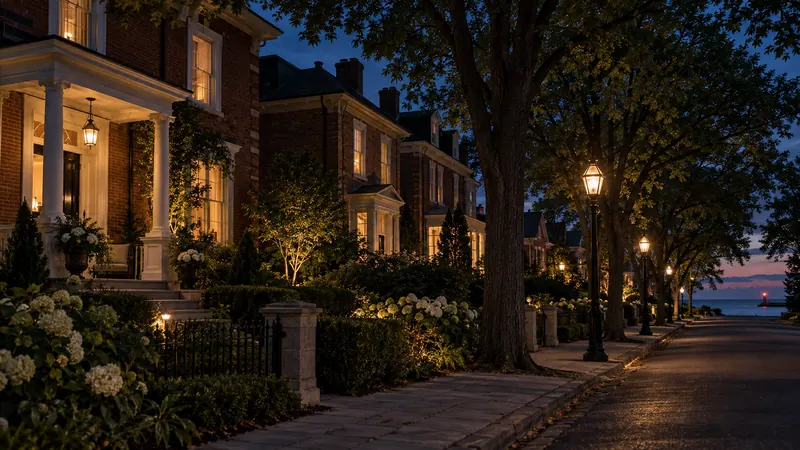 Heritage brick and Georgian homes along a lamp-lit street in Old Oakville at dusk