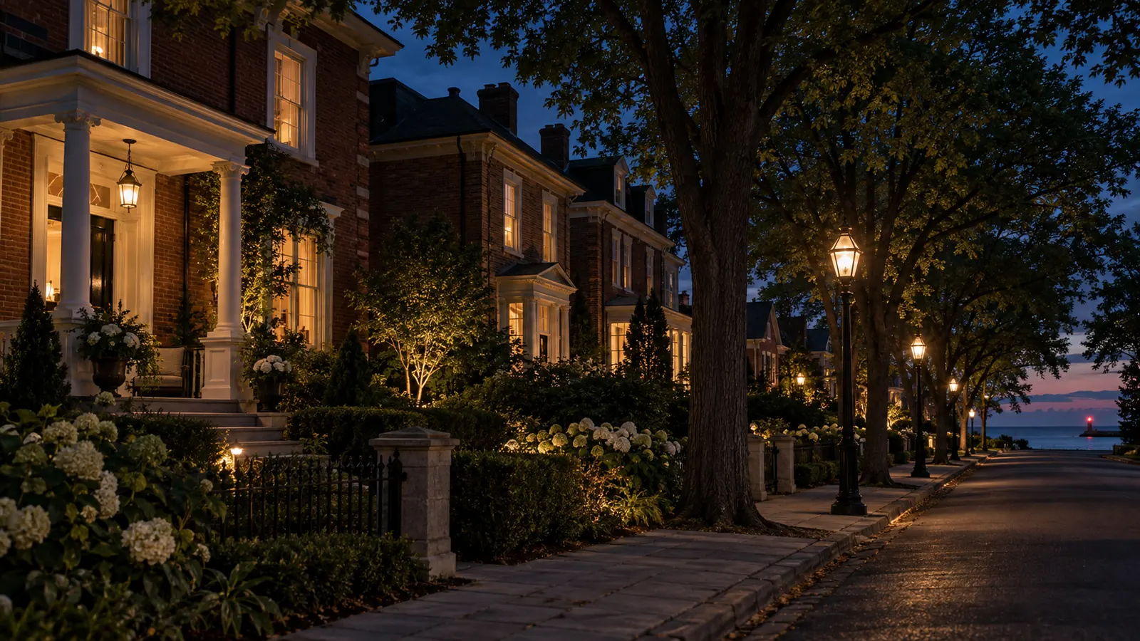 Heritage brick and Georgian homes along a lamp-lit street in Old Oakville at dusk