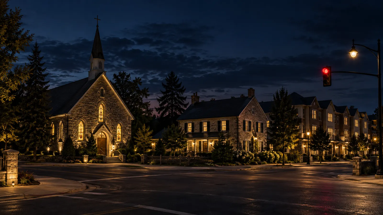 An old stone church and century farmhouse beside new townhomes at a historic crossroads in Palermo at dusk