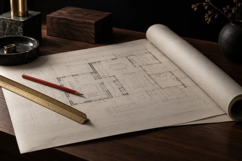 Architectural floor plans with a red pencil and a brass ruler on a walnut desk