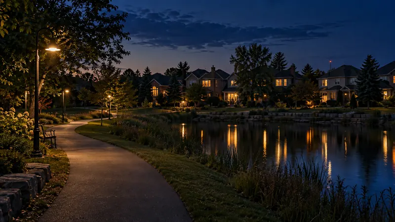 A paved trail curving past a park pond with 1990s homes behind in River Oaks at dusk