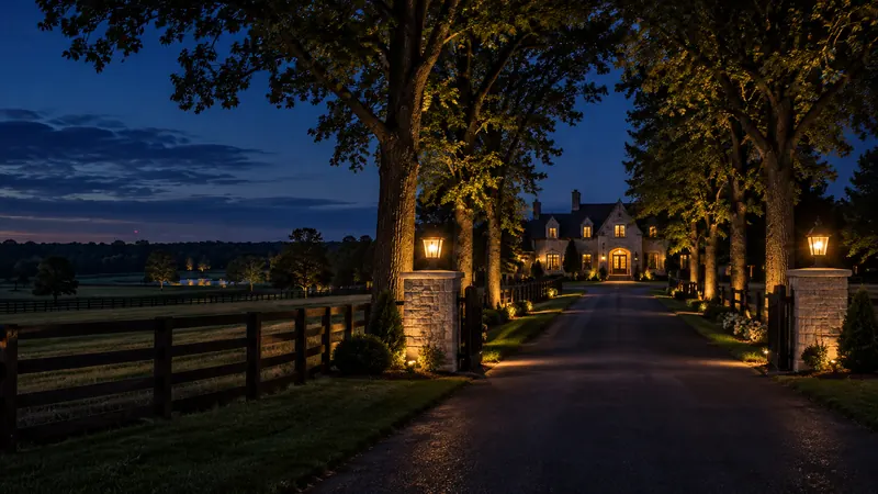 A tree-lined country lane leading to a large estate home on a rural lot in Rural Oakville at dusk