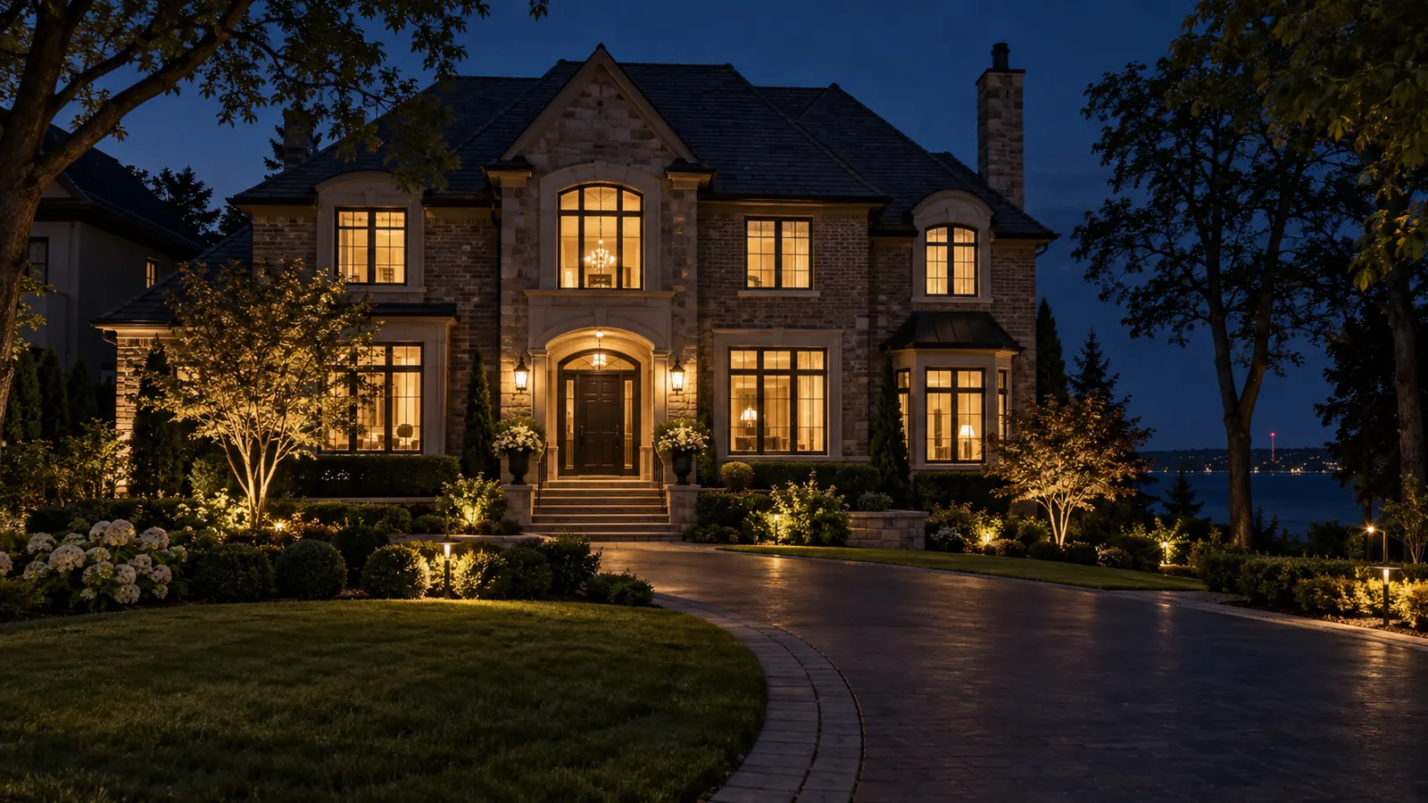 A stone and brick Oakville family home at twilight with every window lit