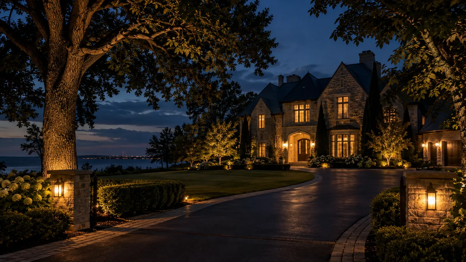A large stone estate home behind mature oak trees near Lake Ontario in Southwest Oakville at dusk