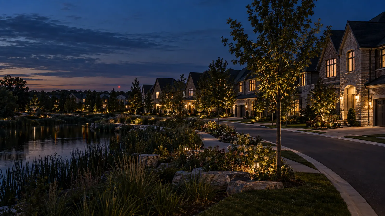 New detached homes with stone and brick facades facing a naturalised park pond in The Preserve at dusk