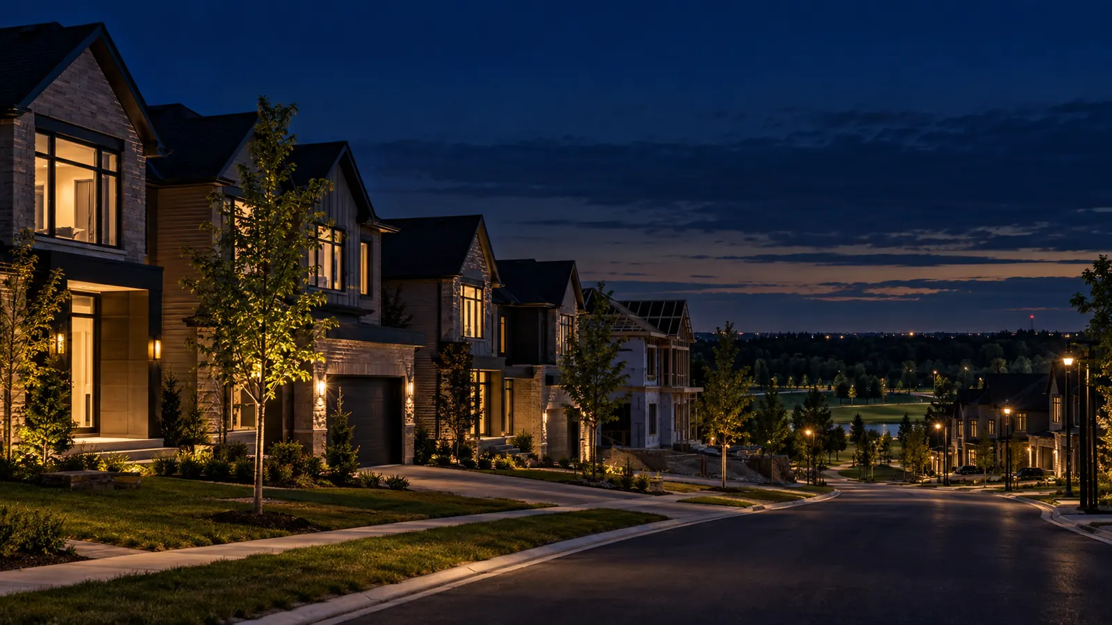 A new street of modern detached homes and townhomes with young trees and open greenspace in Upper Joshua Creek at dusk