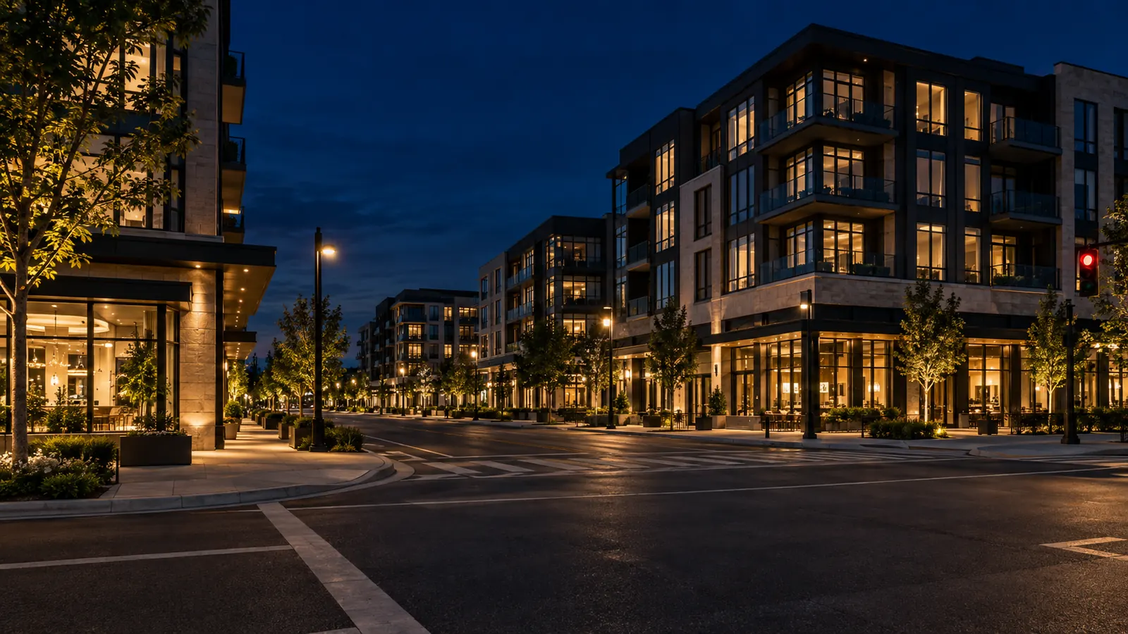 A modern mixed-use street of new condo buildings and shops at an Uptown Core intersection at dusk