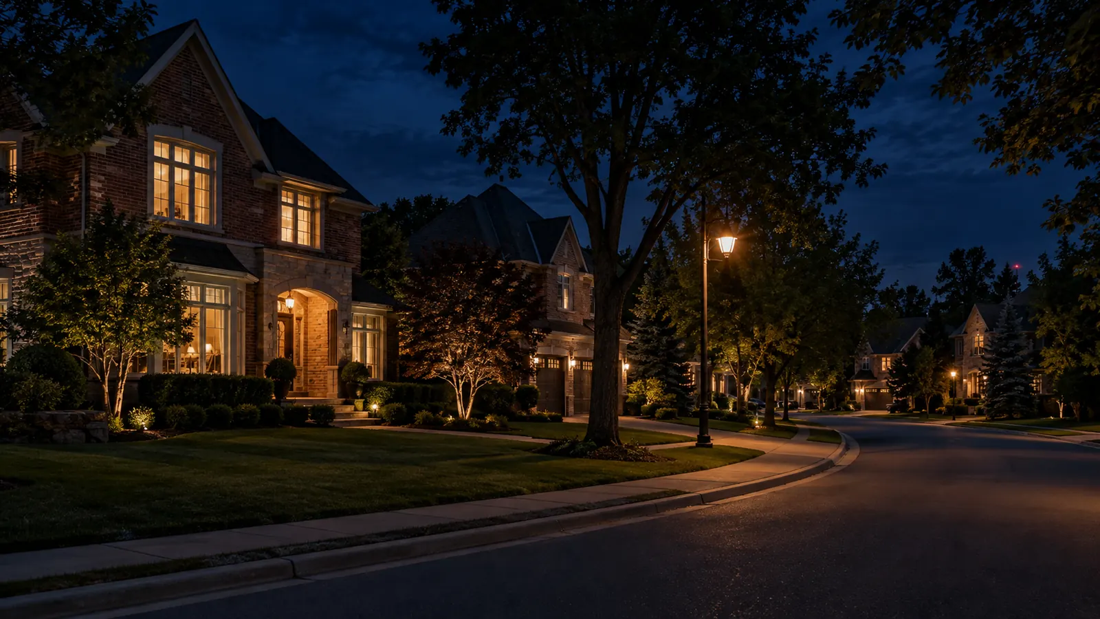 Two-storey brick family homes on a curving tree-lined road in Wedgewood Creek at dusk